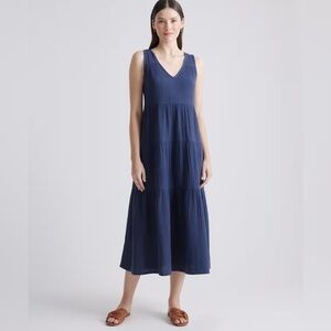 Quince 100% Organic Cotton Gauze Tiered Maxi Dress - indigo blue size xs